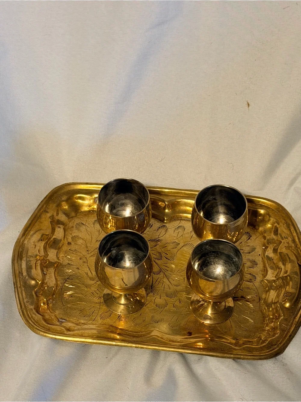 Vintage Brass Mini Goblet Set of 4 with Engraved Serving Tray Barware Decor